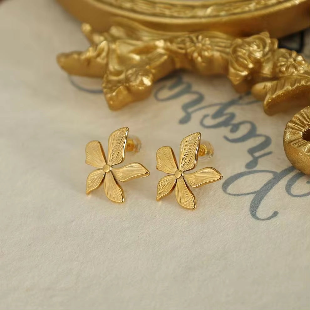 JEWELRY EH23 French Petal Embossed Earrings Stainless Steel 18K Gold Plated Fashion Earrings My Store