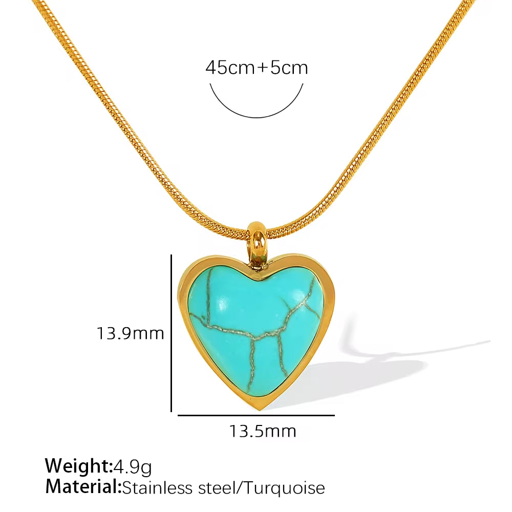 JEWELRY XL95 New Emerald 18K Gold Stainless Steel Heart Shaped Turquoise Pendant Necklace My Store