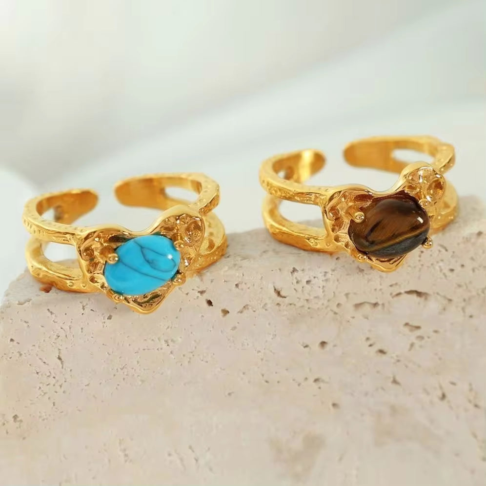 JEWELRY JZ17-8 2024 Vintage Heart Ring Tiger Eye Turquoise Ring Stainless Steel Ring My Store
