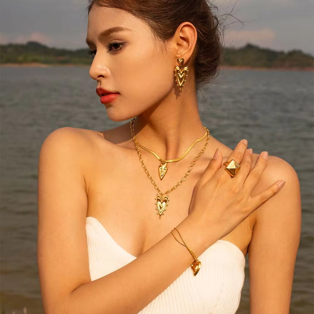 Original Design 18K Gold Plated Stainless Steel Rivet Chunky Texture Heart Earring Necklace for Women My Store