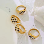 Minimalist 18K Gold Plated Enamel Heart Tarnish Free Checkered Stainless Steel Rings Women Jewelry My Store
