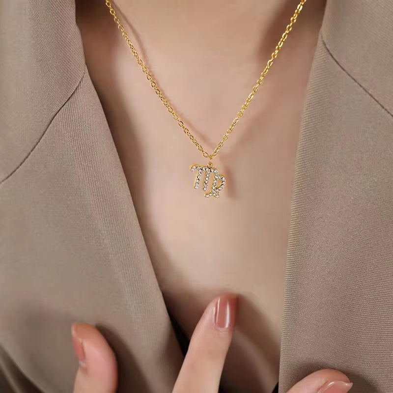 Minimalist Twelve Constellations18K Gold Plated Chain Crystal Charm Zodiac Necklace My Store