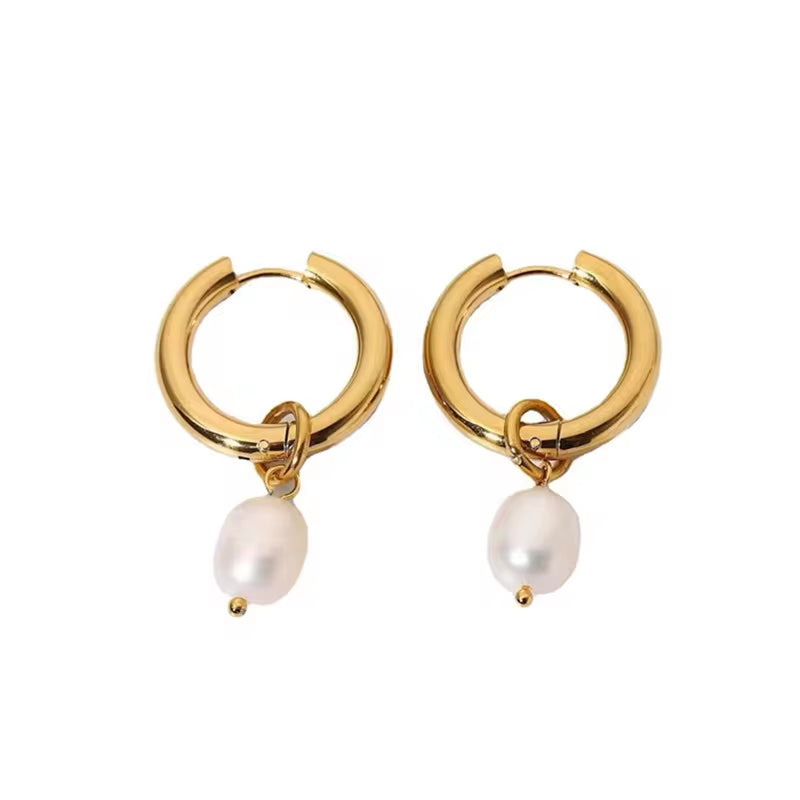 Classic 18K Gold Plated Natural Pearl Drop Earrings Waterproof Stainless Steel Pearl Huggie Earrings My Store