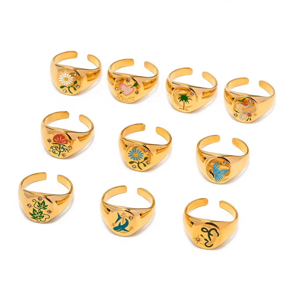 Spring Collections 18K Gold Plated Flower Tree Animal Pattern Rings Set Jewelry Fashion Colorful Oil Drop Ring My Store