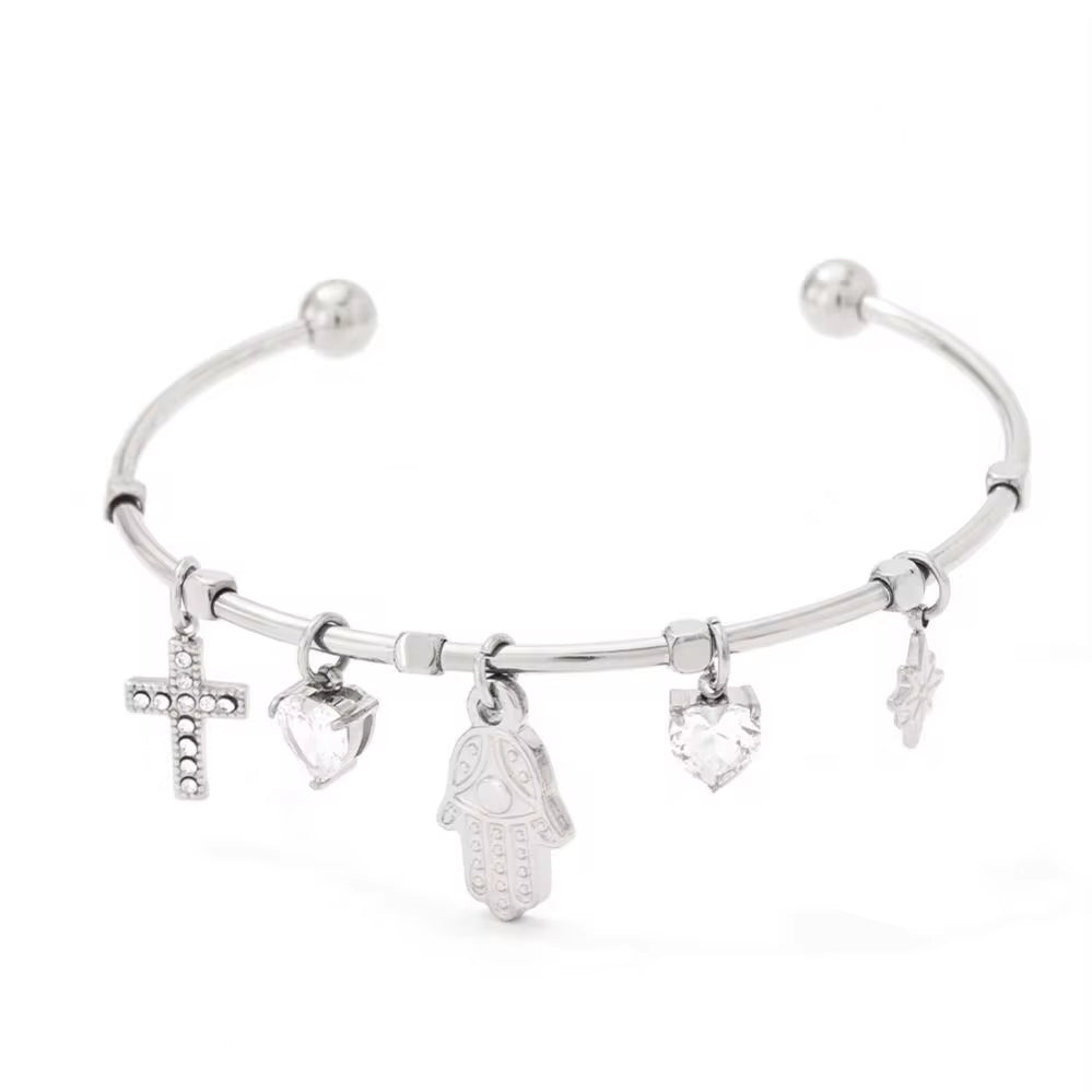 Tarnish Free Gold Plated Open Cuff Bangle Stainless Steel Eye Heart Zircon Cross Hasma Hand North Star Charms Bracelets & Bangle My Store