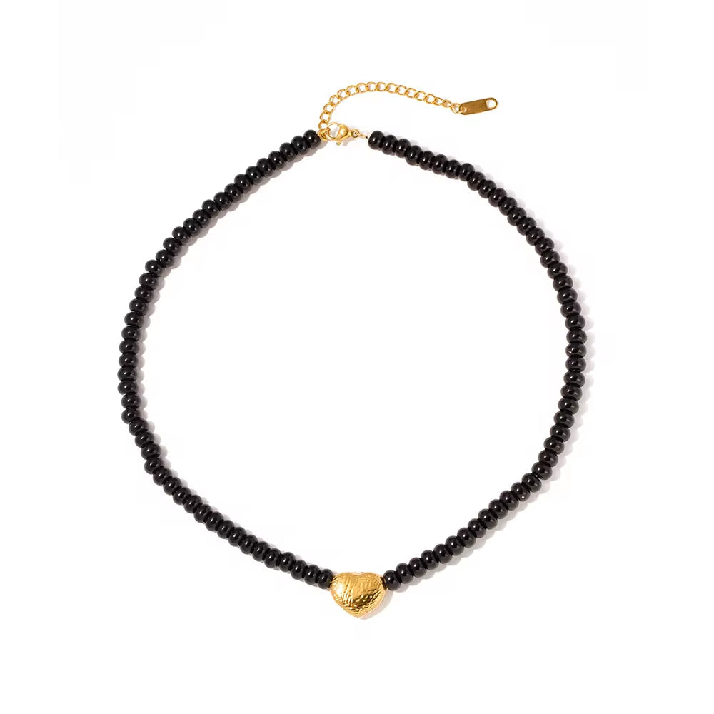 18K Gold Plated Stainless Steel Gift Black Obsidian Beads 3D Dimensional Heart Pendant Choker Necklace Women My Store