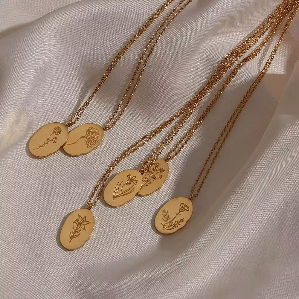 Trendy Month Flower Design 18K Gold Plated 12 Birthstone Pendant Necklace Tarnish Free Jewelry in Stainless Steel My Store