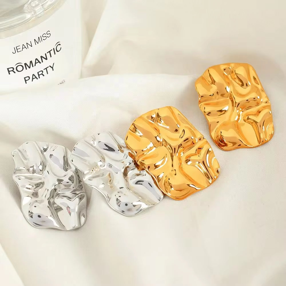 JEWELRY EH270-1 Fashion Lava Ruffles Hammered Delicate Earrings Stainless Steel Gold Plated Rectangle Geometric My Store