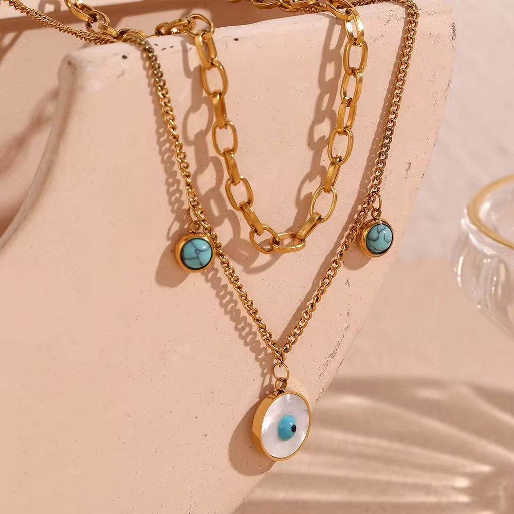 Turquoise Evil Eye Charm Necklace Double Layer Chain Necklace Gold Plated Stainless Steel Jewelry My Store
