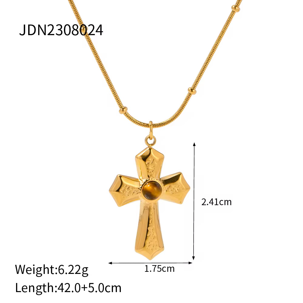 Jewelry 18K PVD Gold Plated Hammer Cross Necklace Tiger Eye Stone Cross Pendant Necklace for Women My Store