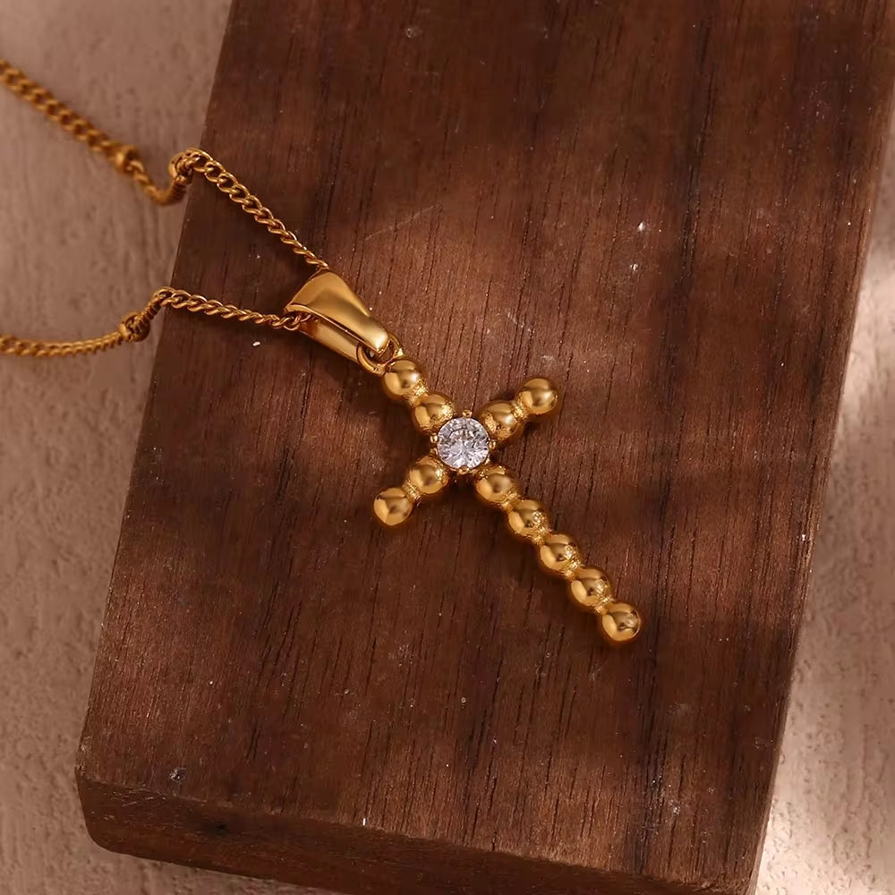 Dainty Zircon Cross Necklace Beaded Pendant Necklace Gold Plated Stainless Steel Christmas Gift for Women My Store