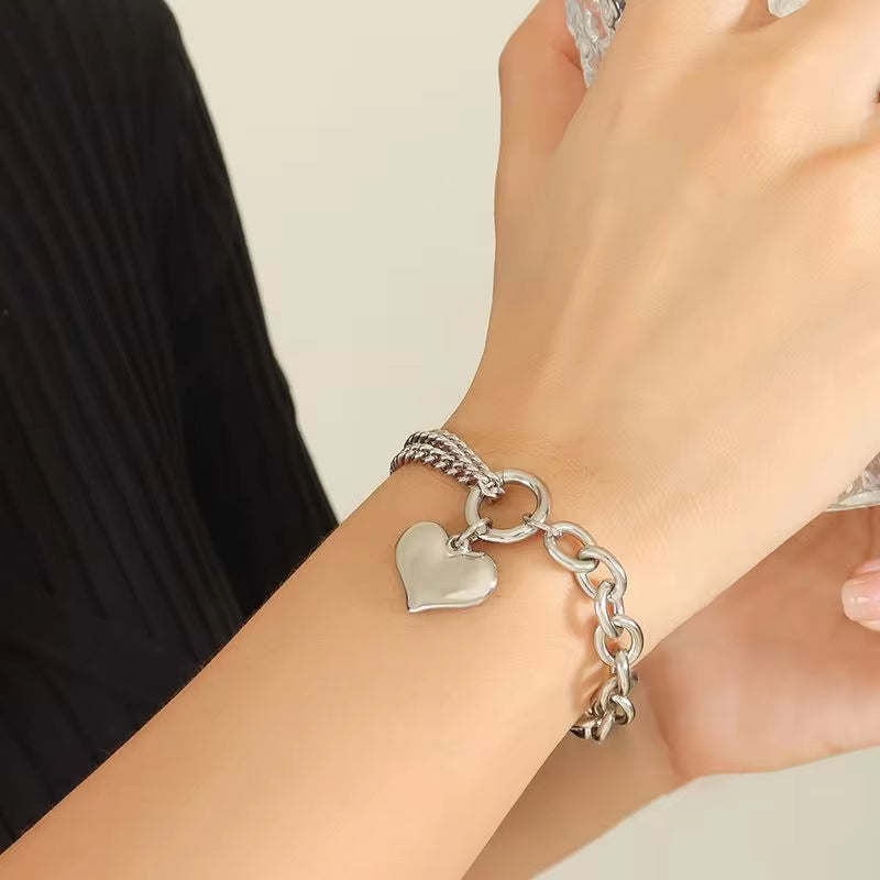 18K Gold Chunky Heart Curb Splicing Stainless Steel Smooth Double Layer Heart Chains Bracelet Women My Store