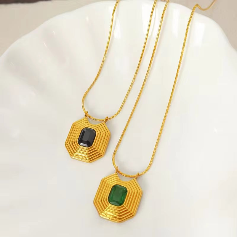 JEWELRY XL59 French Peplum Square Pendant Necklace 18K Gold Vintage Style Geometric Inlaid Glass Stone Necklace My Store