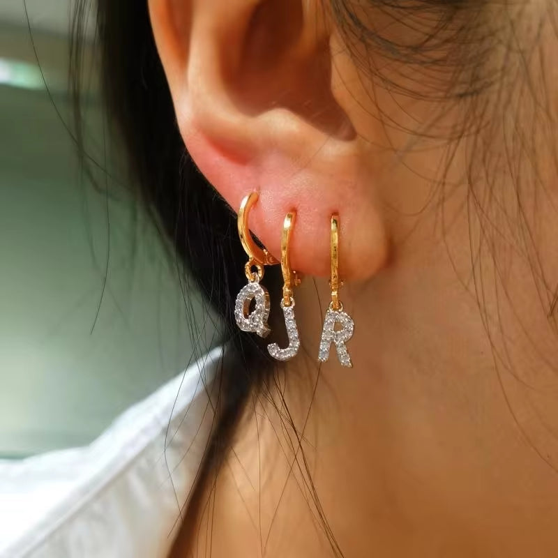 26 English Letters Diamond Earring Personalized Initial Earrings for Girls Brass Plated 18K Real Gold round Ear Clip Jewelry My Store