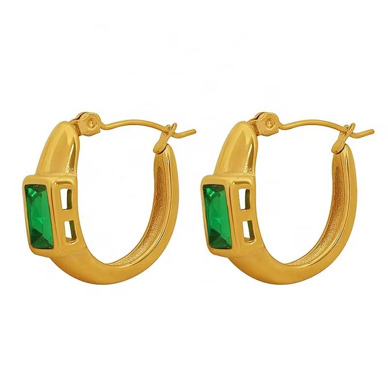 JEWELRY EH142 French Fashion Emerald Zirconia C-Shaped Earrings Stainless Steel Gold Plated 18K Earrings My Store