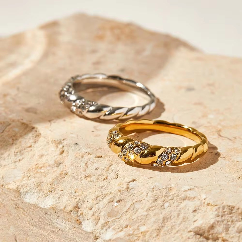 Exquisite Shiny Zircon Paved Croissant Ring Luxury Stylish Trendy Jewelry Twisted Statement Stainless Steel Rings for Women My Store