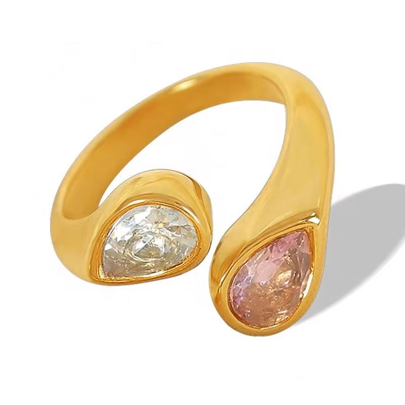 JEWELRY JZ14 Hot Sale Zirconia Double Teardrop Open End Ring Stainless Steel 18K Gold Plated Fashion Jewelry My Store