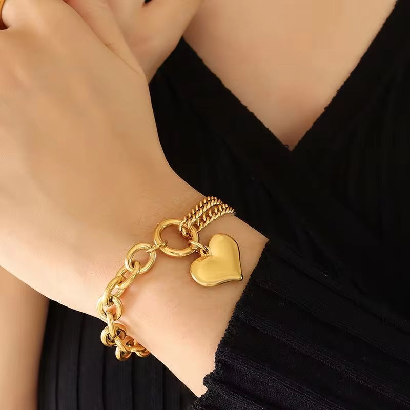 18K Gold Chunky Heart Curb Splicing Stainless Steel Smooth Double Layer Heart Chains Bracelet Women My Store