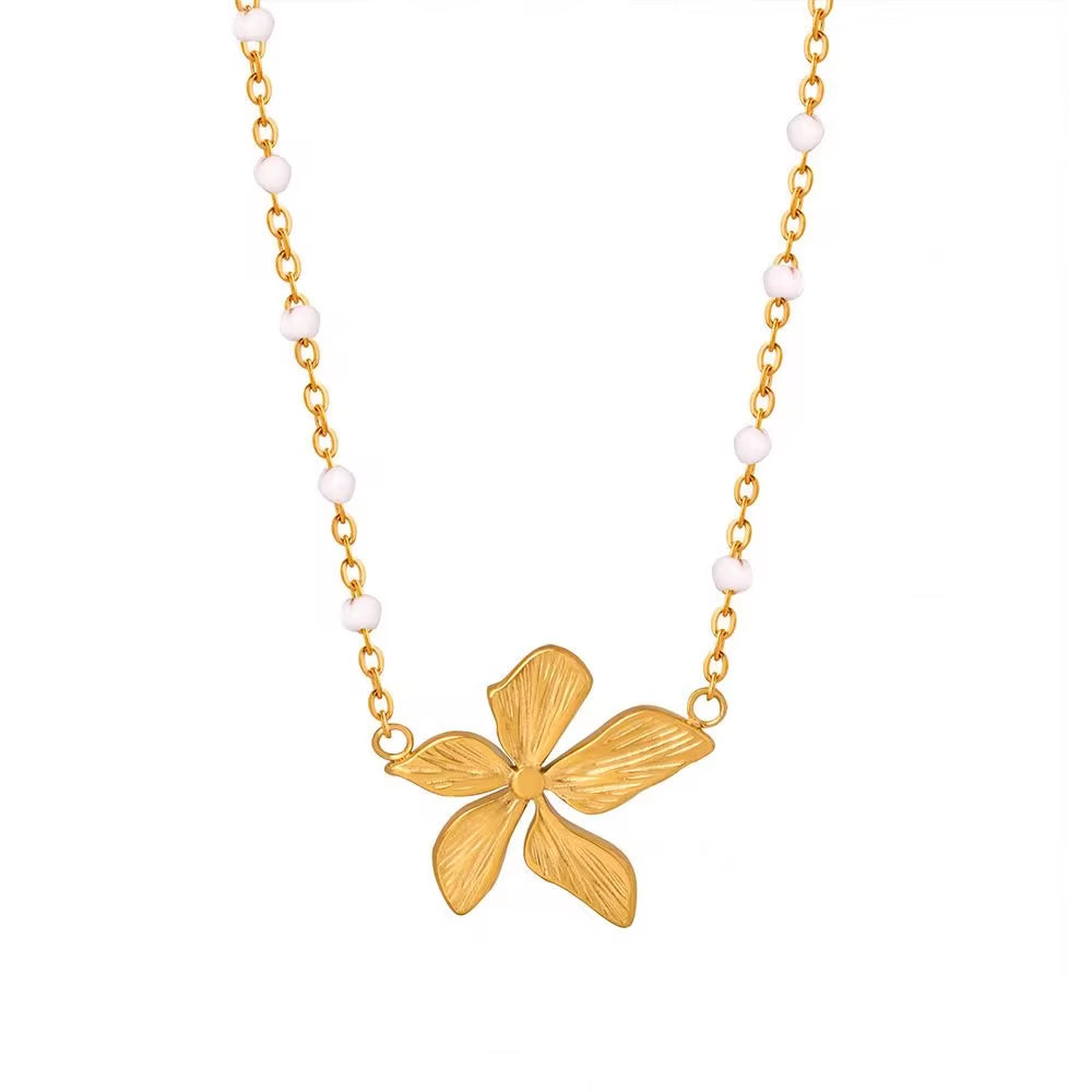 Vintage French Style Flower Chain Necklace Jewelry 18K Gold Stainless Steel Waterproof Minimalist Pearl Flower Necklace My Store