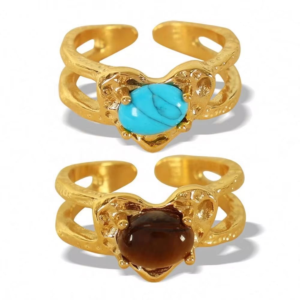 JEWELRY JZ17-8 2024 Vintage Heart Ring Tiger Eye Turquoise Ring Stainless Steel Ring My Store