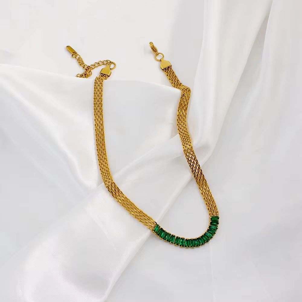 Mesh Chains Necklaces Tennis Green Zircon Square Stainless Steel 18K Gold Color-Preserving Bracelet My Store
