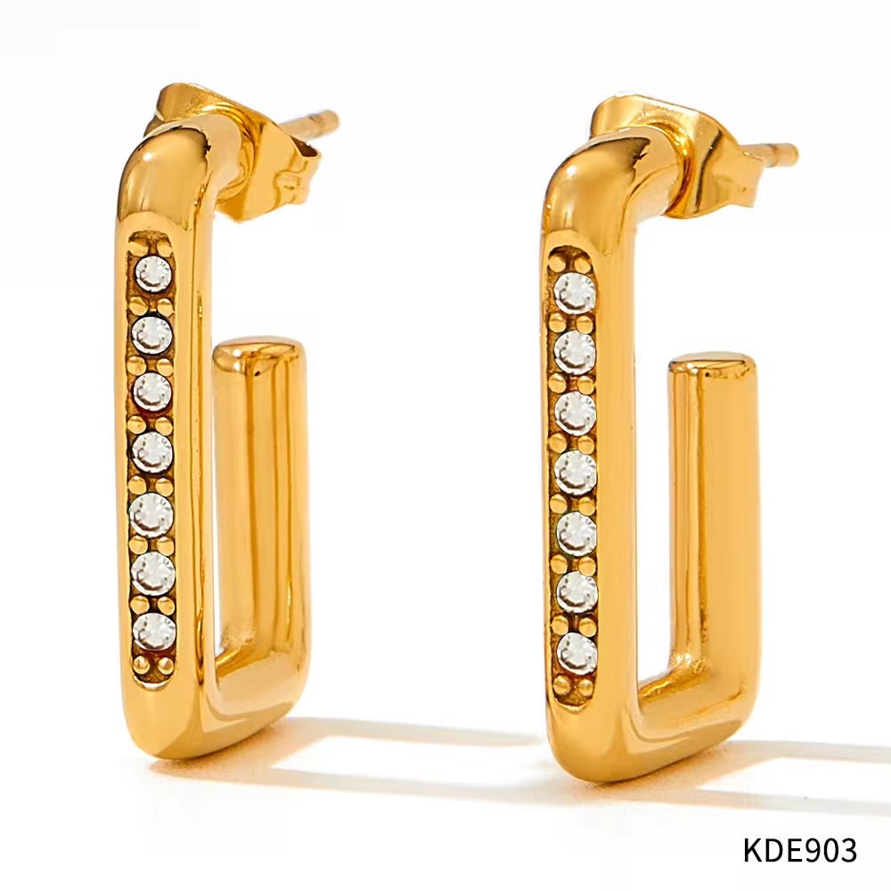 New Design Waterproof 18K Gold Plated Stainless Steel Jewelry Zircon Trimmed Rectangle Hoop Earrings My Store