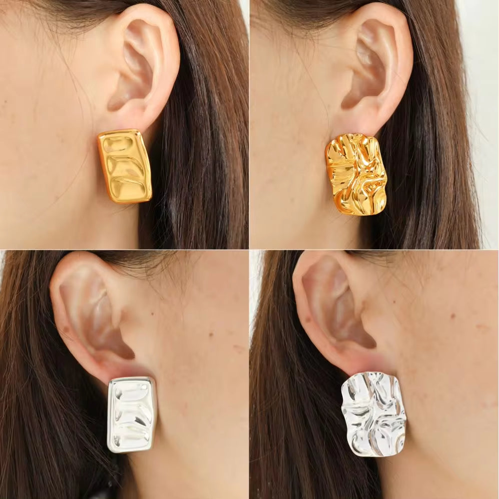 JEWELRY EH270-1 Fashion Lava Ruffles Hammered Delicate Earrings Stainless Steel Gold Plated Rectangle Geometric My Store