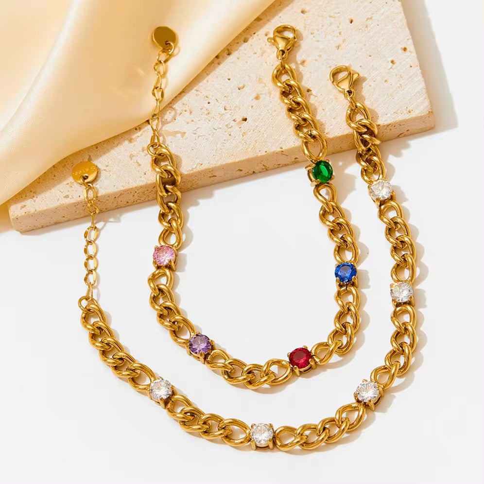 Exquisite Cubic Zirconia Stainless Steel Rainbow Cz Necklace Bracelet for Women Waterproof Fashion Jewelry Set My Store