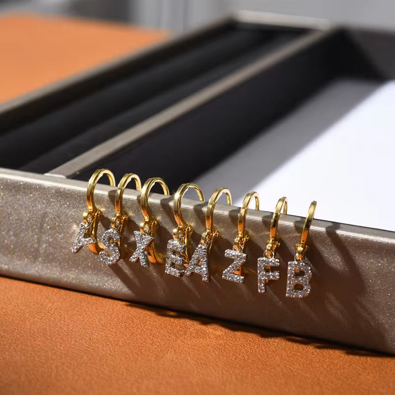 26 English Letters Diamond Earring Personalized Initial Earrings for Girls Brass Plated 18K Real Gold round Ear Clip Jewelry My Store