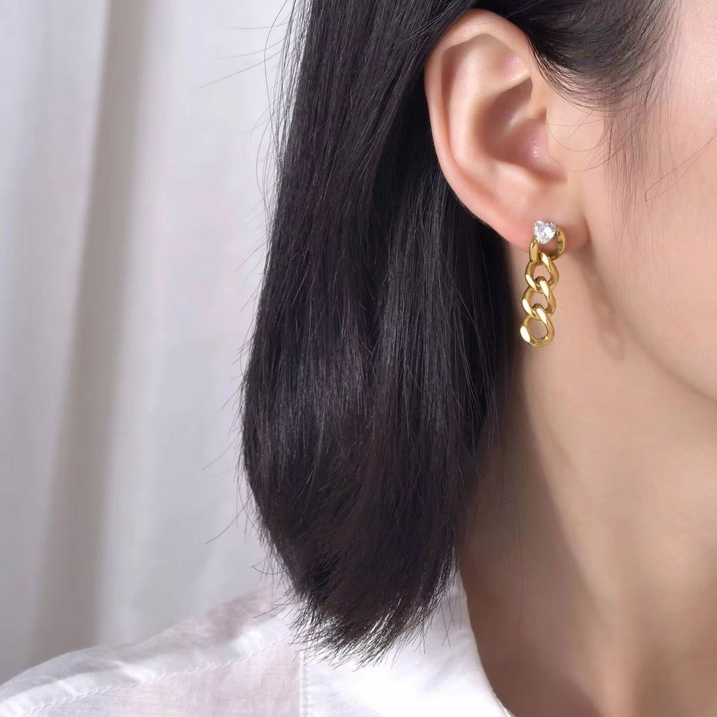 Hot Sale Ip Gold Plating Cubic Zircon Link Chain Pendant Earrings No Fade Stainless Steel Heart Shape Diamond Chain Earrings My Store