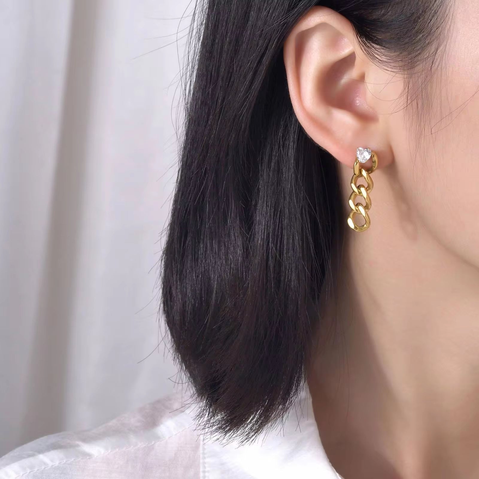 Hot Sale Ip Gold Plating Cubic Zircon Link Chain Pendant Earrings No Fade Stainless Steel Heart Shape Diamond Chain Earrings My Store