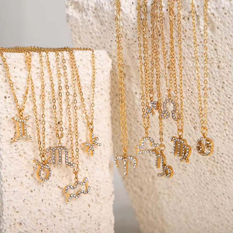 Minimalist Twelve Constellations18K Gold Plated Chain Crystal Charm Zodiac Necklace My Store