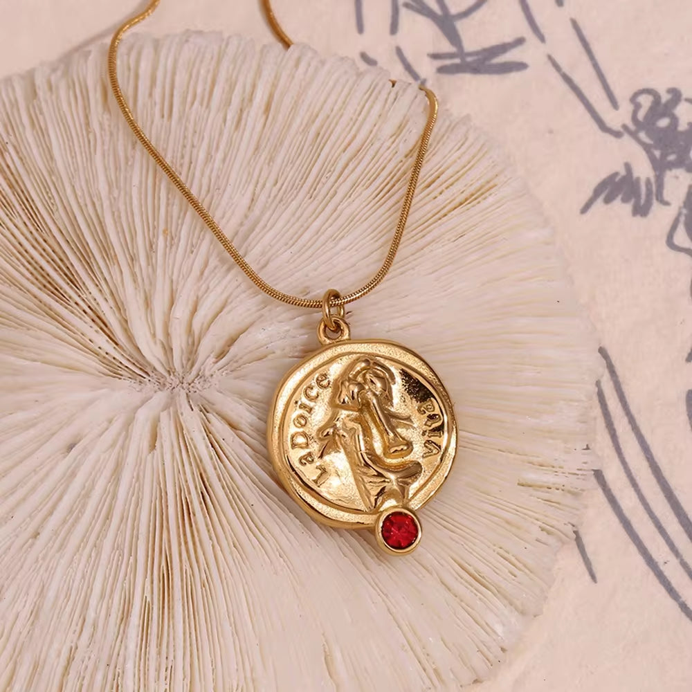 Engraved La Dolce Vita Fashion Lady Pendant Necklace Red Zircon Gold Plated Stainless Steel Jewelry My Store