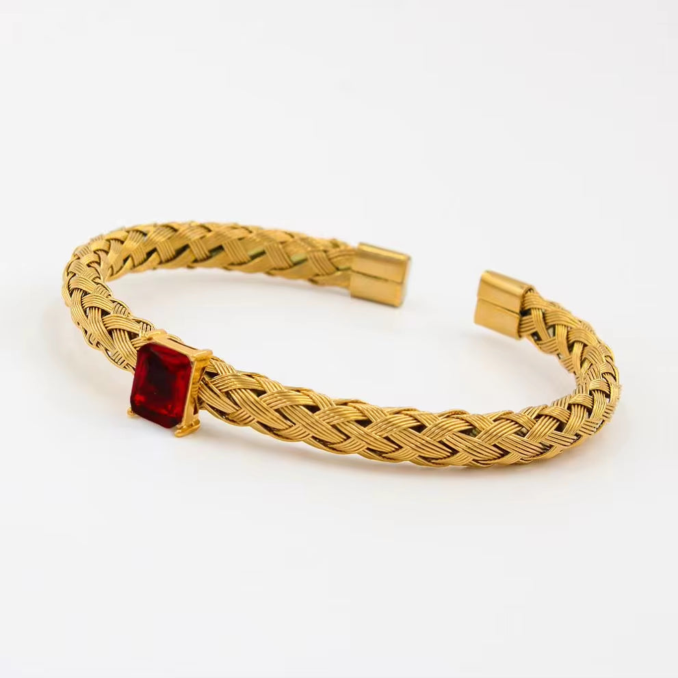 Stainless Steel Mesh Weave Open Bangle 18K Gold Plated Bracelet Cubic Zirconia Bling Charm Waterproof Jewelry Women My Store