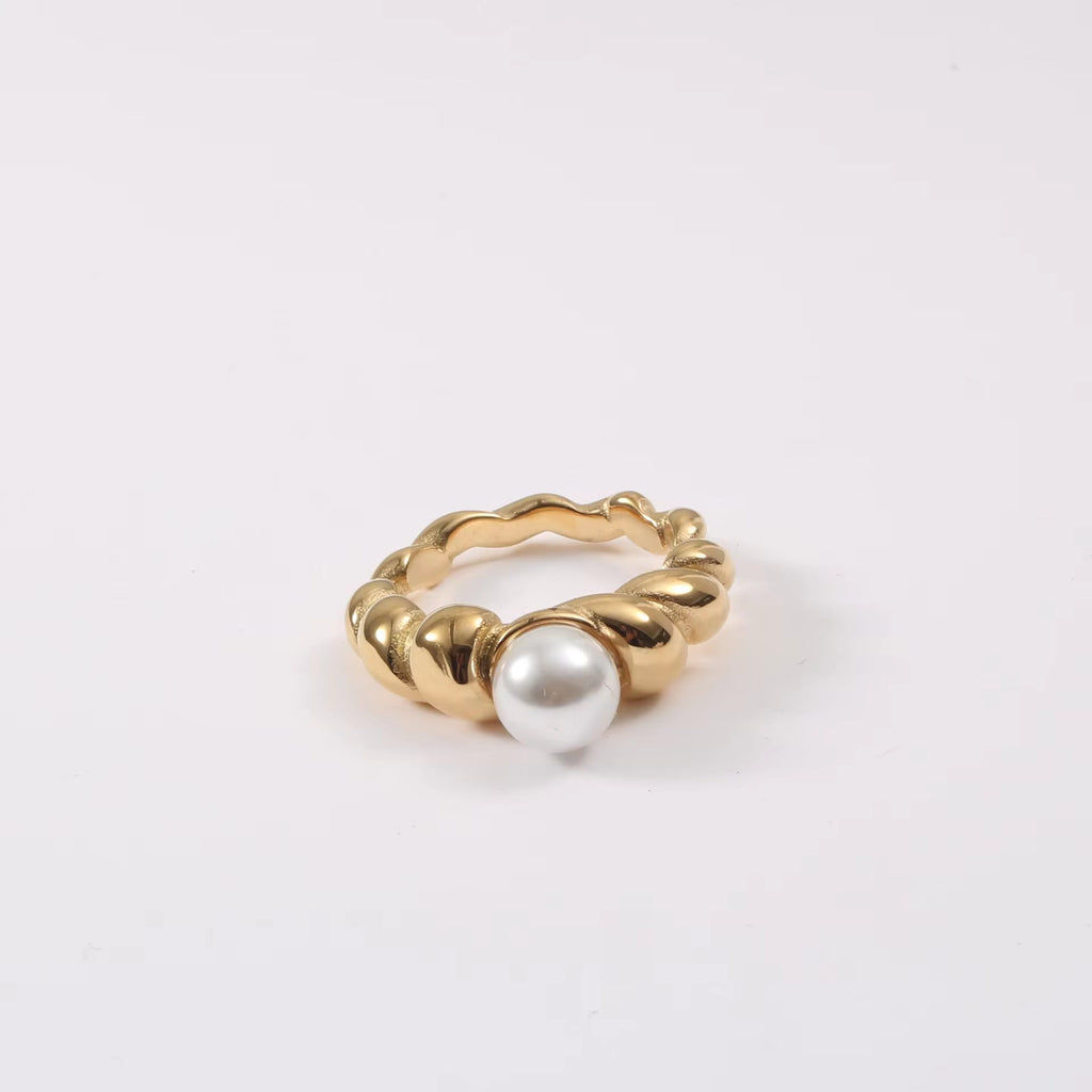 Waterproof Statement 18K Gold Plated Big Fresh Water Pearl Twisted Ring Chunky Twist Rope Chain Stainless Steel Ring My Store