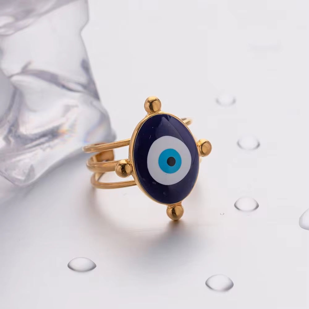 Jewelry 18K Gold Plated Eye Ring Stainless Steel Hollow Layer Blue Enamel Evil Eyes Open Rings My Store