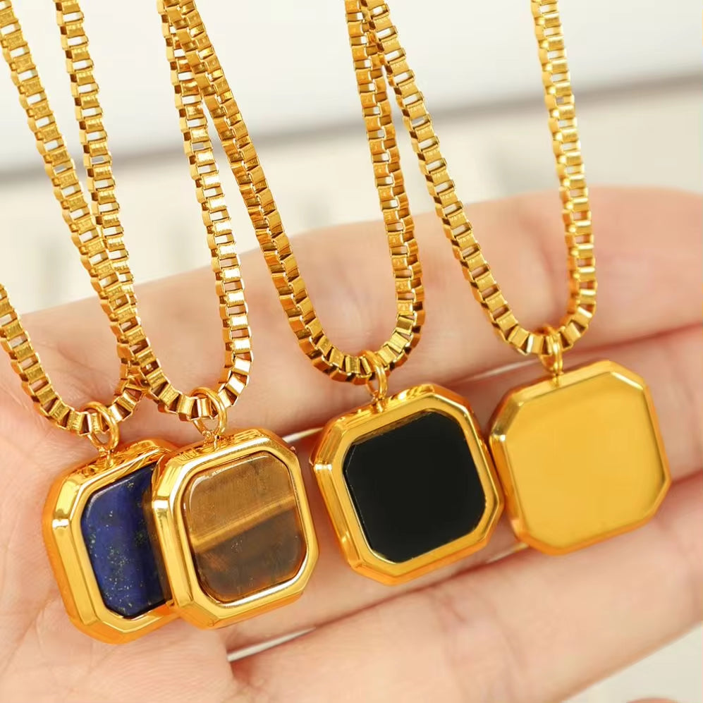 JEWELRY XL96-8 Hot Sale Tiger Eye Lapis Lazuli Onyx Geometric Square Pendant Necklace Niche Design Light Luxury My Store