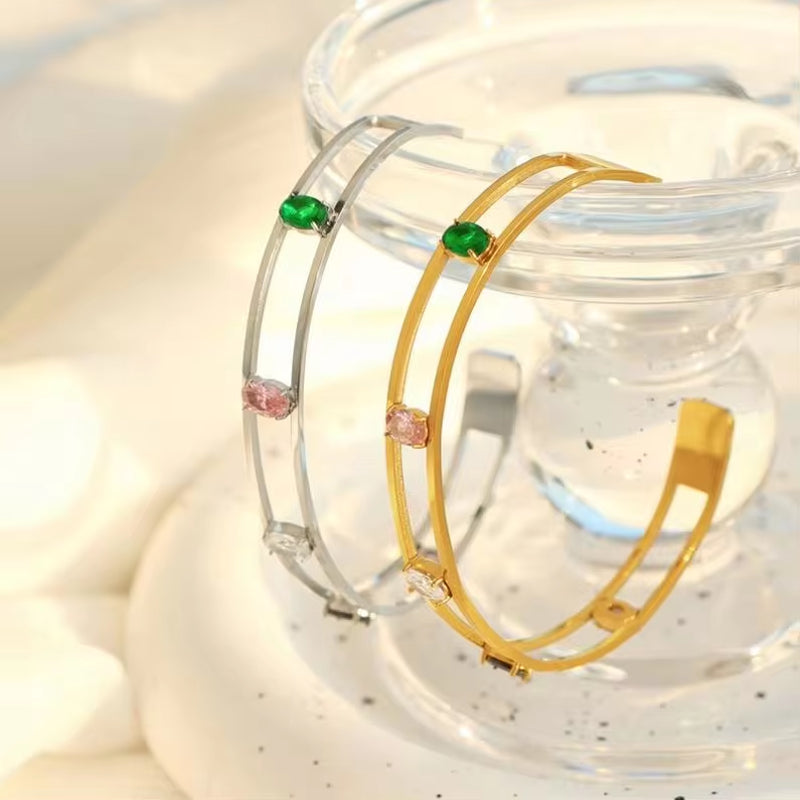 JEWELRY SZ14 New Vintage Premium Feeling Stainless Steel Bracelet Open Set Zirconia Bangle My Store