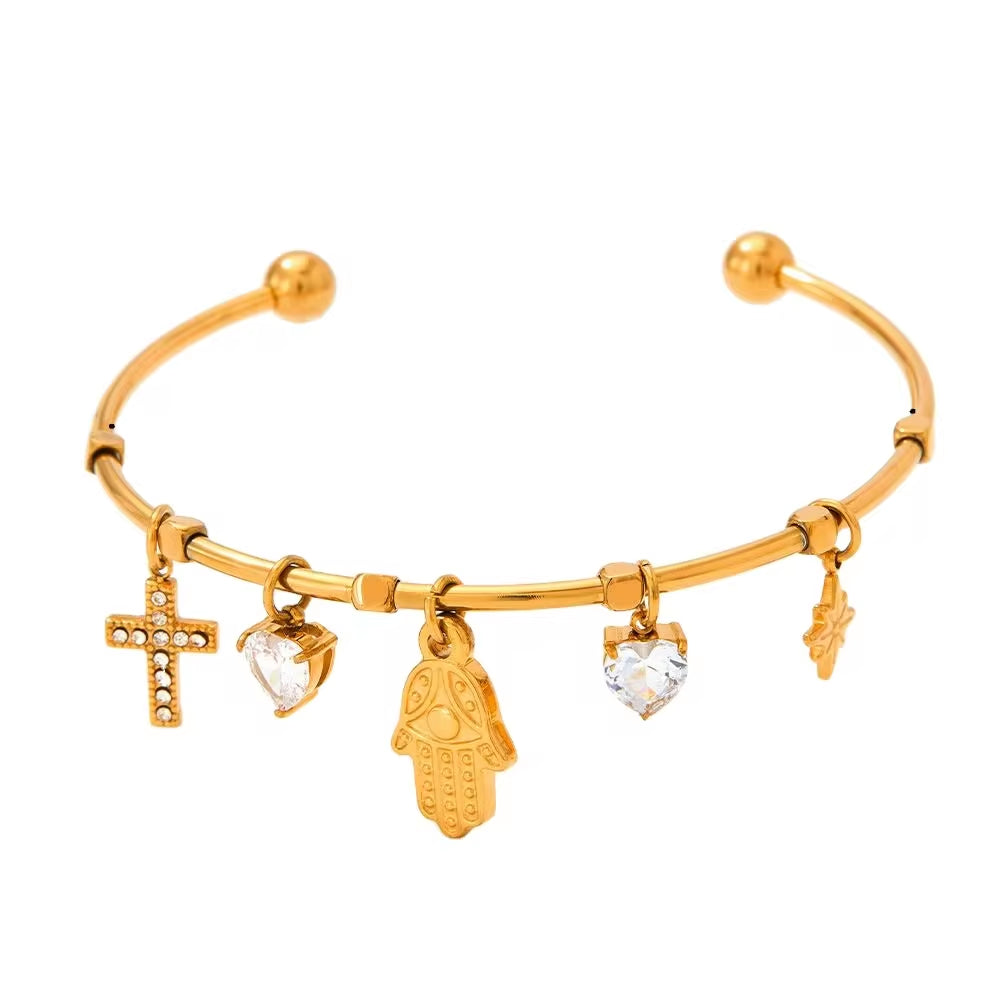 Tarnish Free Gold Plated Open Cuff Bangle Stainless Steel Eye Heart Zircon Cross Hasma Hand North Star Charms Bracelets & Bangle My Store