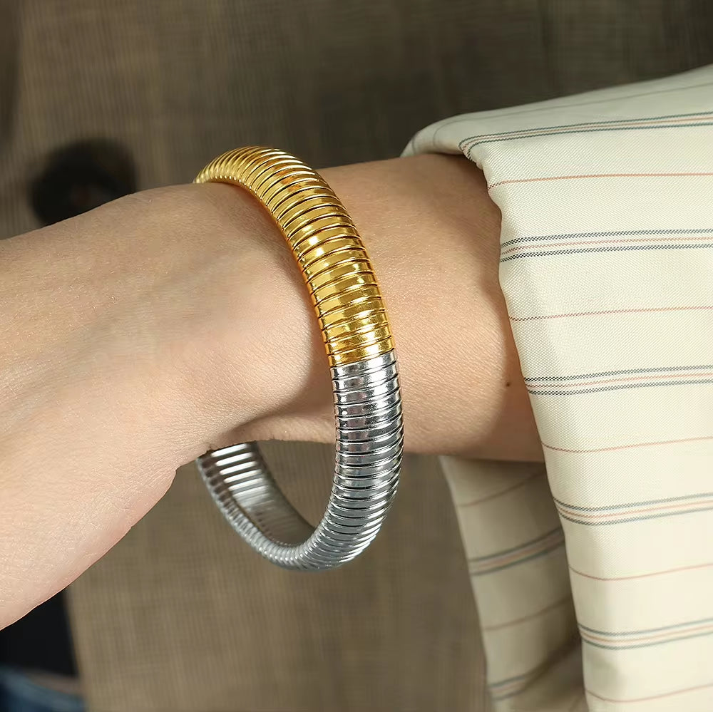 JEWELRY SZ12 Fashion Wide Face Colorblock Bangles Stretchy Snake Bone Hip Hop Style Bangles My Store