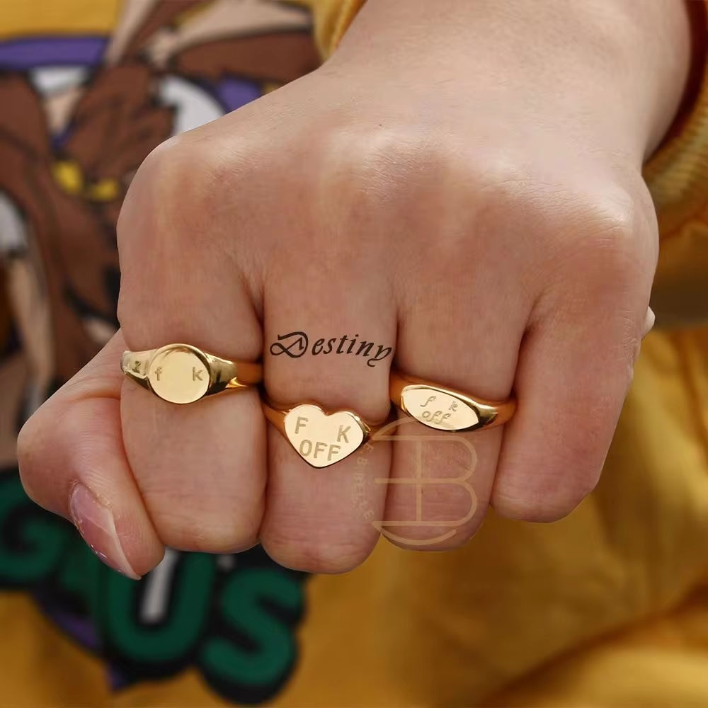 New Trendy Heart Oval Shape Titanium 18K Gold Plated Personalized Letter FK off Signet Ring My Store