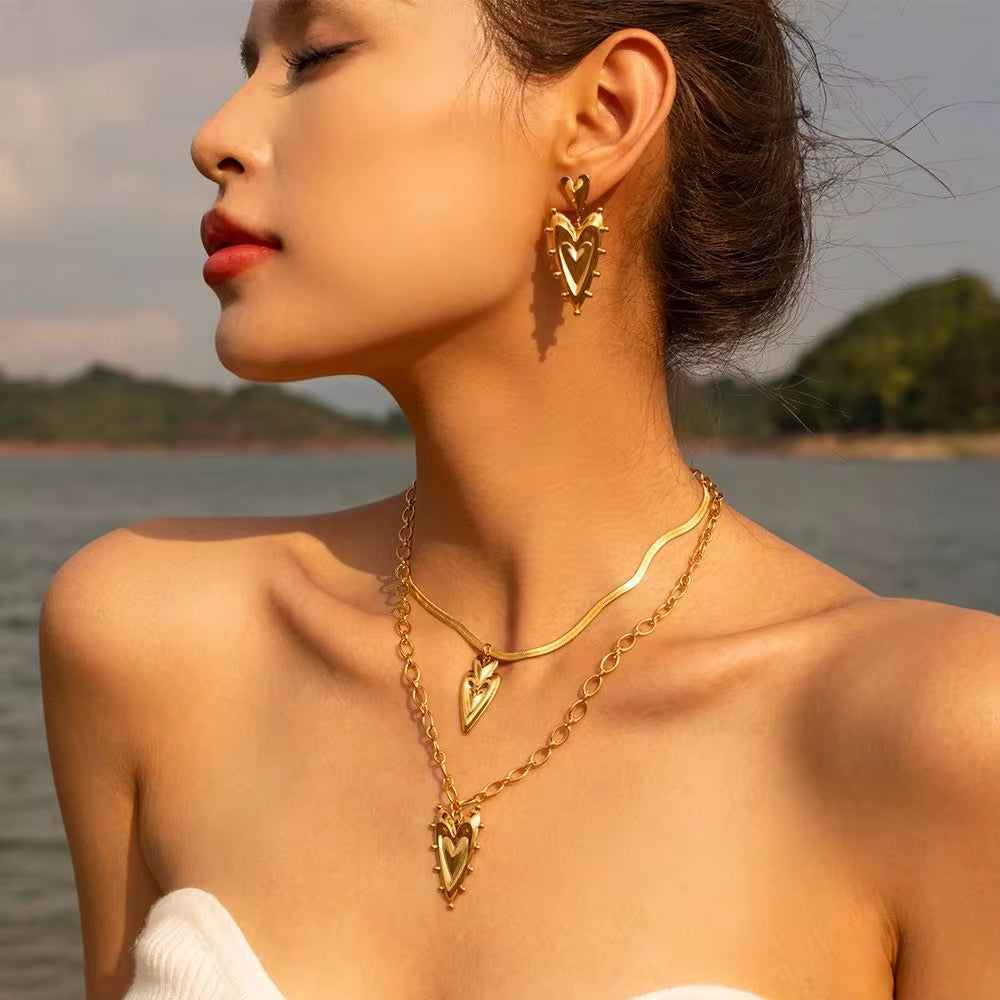 Original Design 18K Gold Plated Stainless Steel Rivet Chunky Texture Heart Earring Necklace for Women My Store