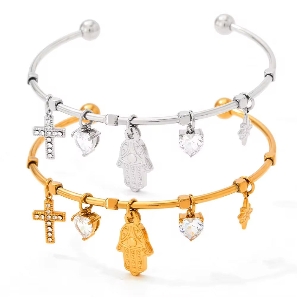 Tarnish Free Gold Plated Open Cuff Bangle Stainless Steel Eye Heart Zircon Cross Hasma Hand North Star Charms Bracelets & Bangle My Store