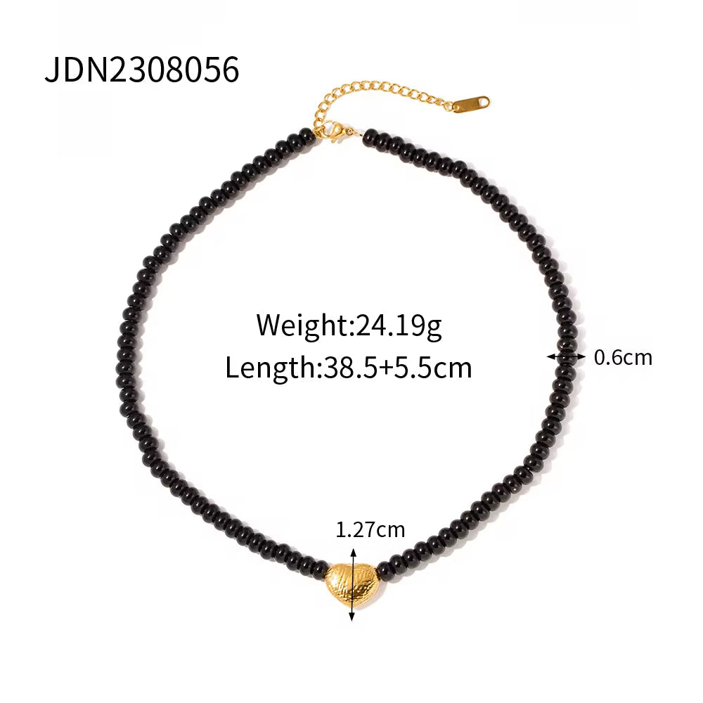 18K Gold Plated Stainless Steel Gift Black Obsidian Beads 3D Dimensional Heart Pendant Choker Necklace Women My Store