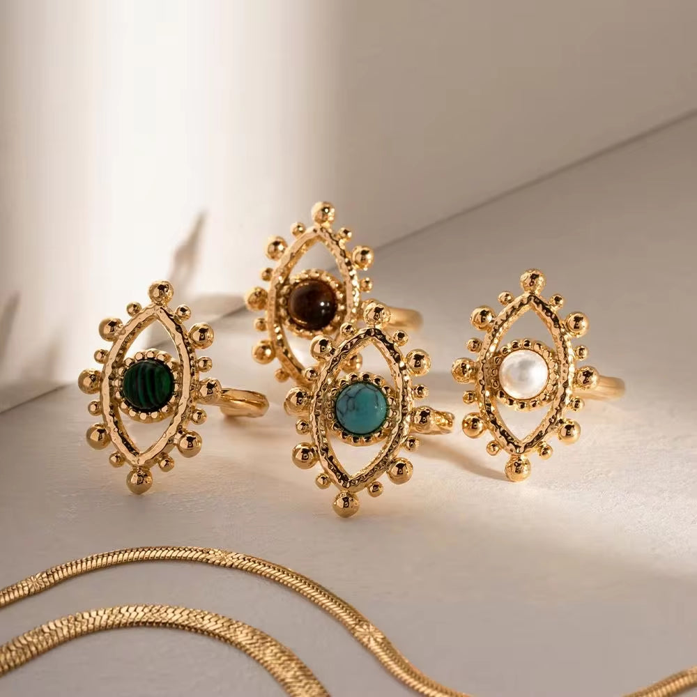 18K Gold Plated Stainless Steel Design Finger Natural Turquoise Malachite Tiger Eyes Stone Evil Eyes Rings My Store