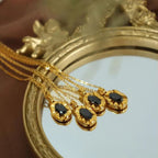 JEWELRY XL22 French Midnight Black Tea Collarbone Chain Black Zirconia Oval Engraved Stainless Steel Necklace My Store