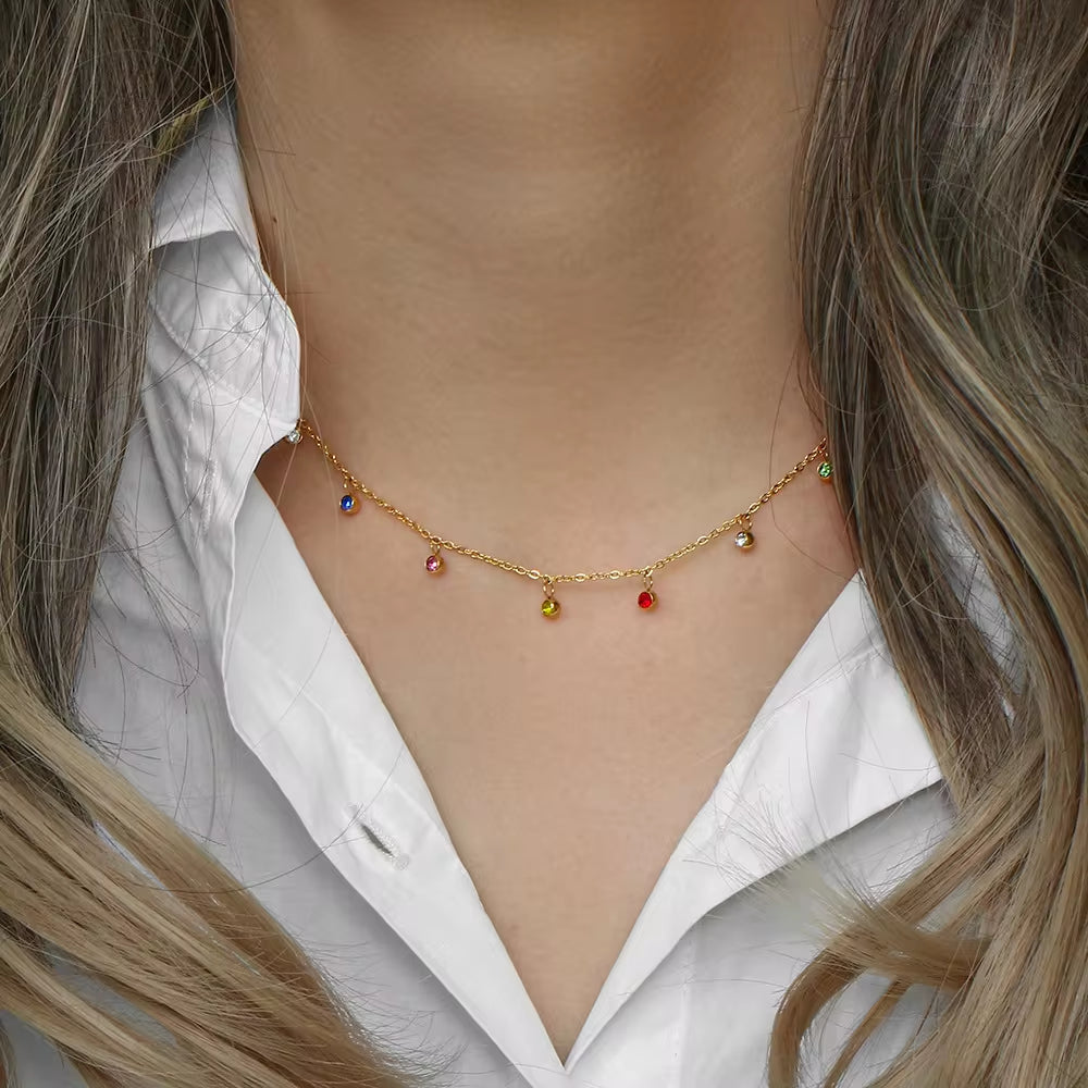 Waterproof Shining Dangle Colorful Diamond Cz Stainless Steel 18K Gold Rhinestone Choker Necklace My Store