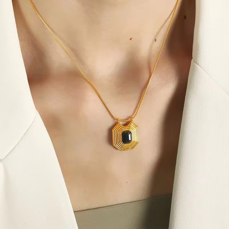 JEWELRY XL59 French Peplum Square Pendant Necklace 18K Gold Vintage Style Geometric Inlaid Glass Stone Necklace My Store