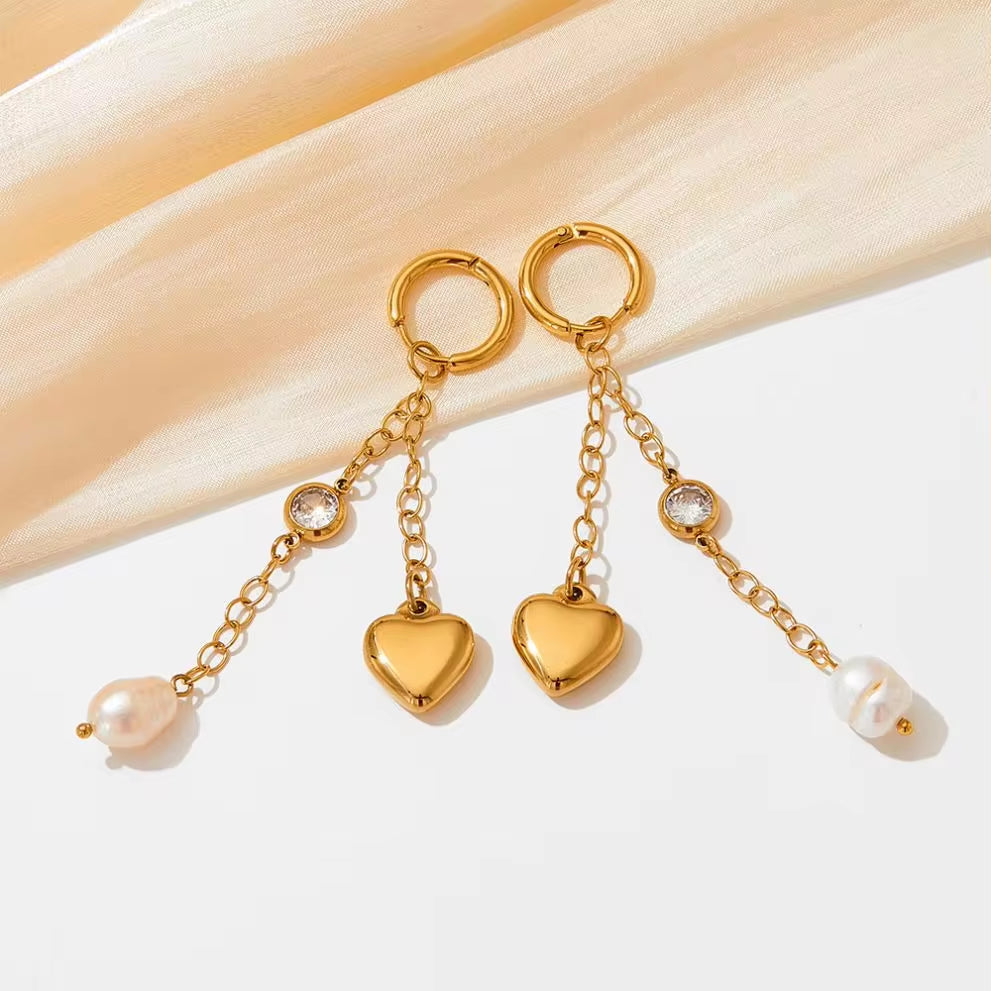 18K Gold Plated Stainless Steel Jewelry Tassel Heart Fresh Water Pearl Cubic Zirconia Drop Earrings for Womens My Store