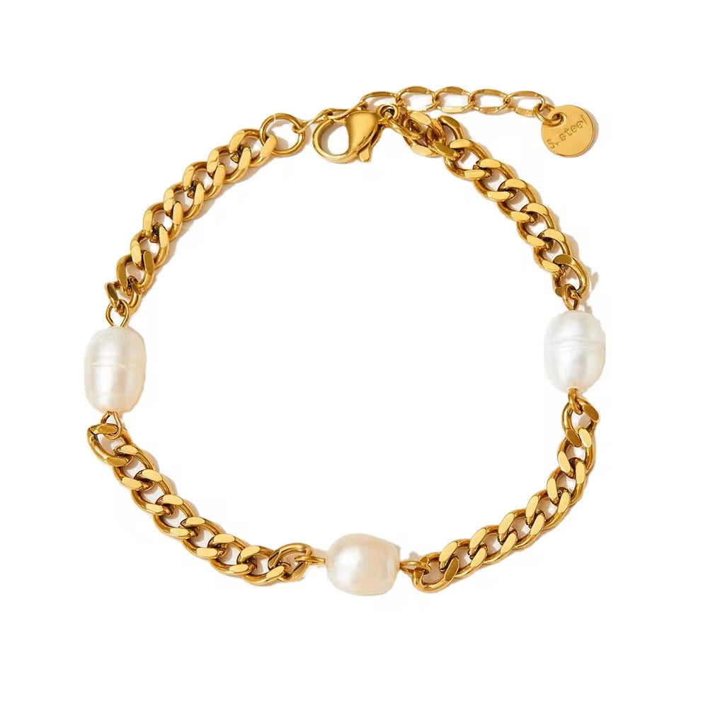 Vintage Pearl Charm Cuban Link Chain Bracelet 18K Gold Plated Stainless Steel Chain Bracelet My Store